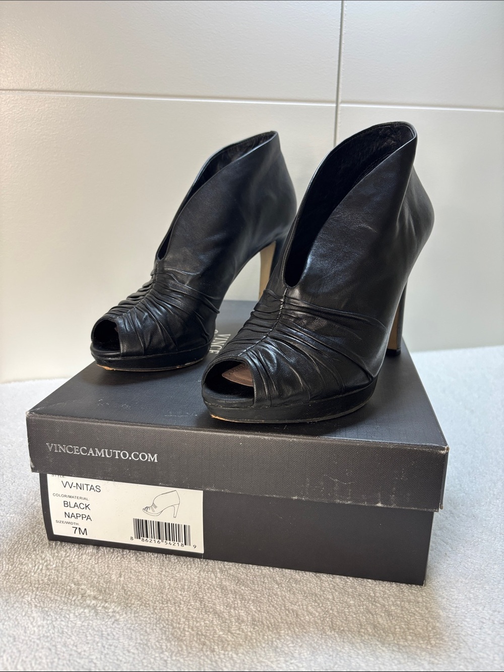 Vince Camuto Black Leather Peep-Toe Booties with Ruched Detail